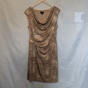 Connected Apparel Metallic Rose Bronze Draped Midi Dress